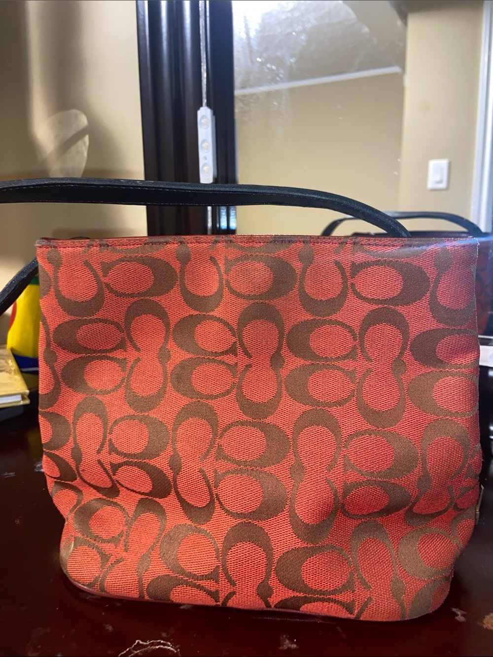 Coach Red Signature Jacquard Shoulder Bag with Black Strap